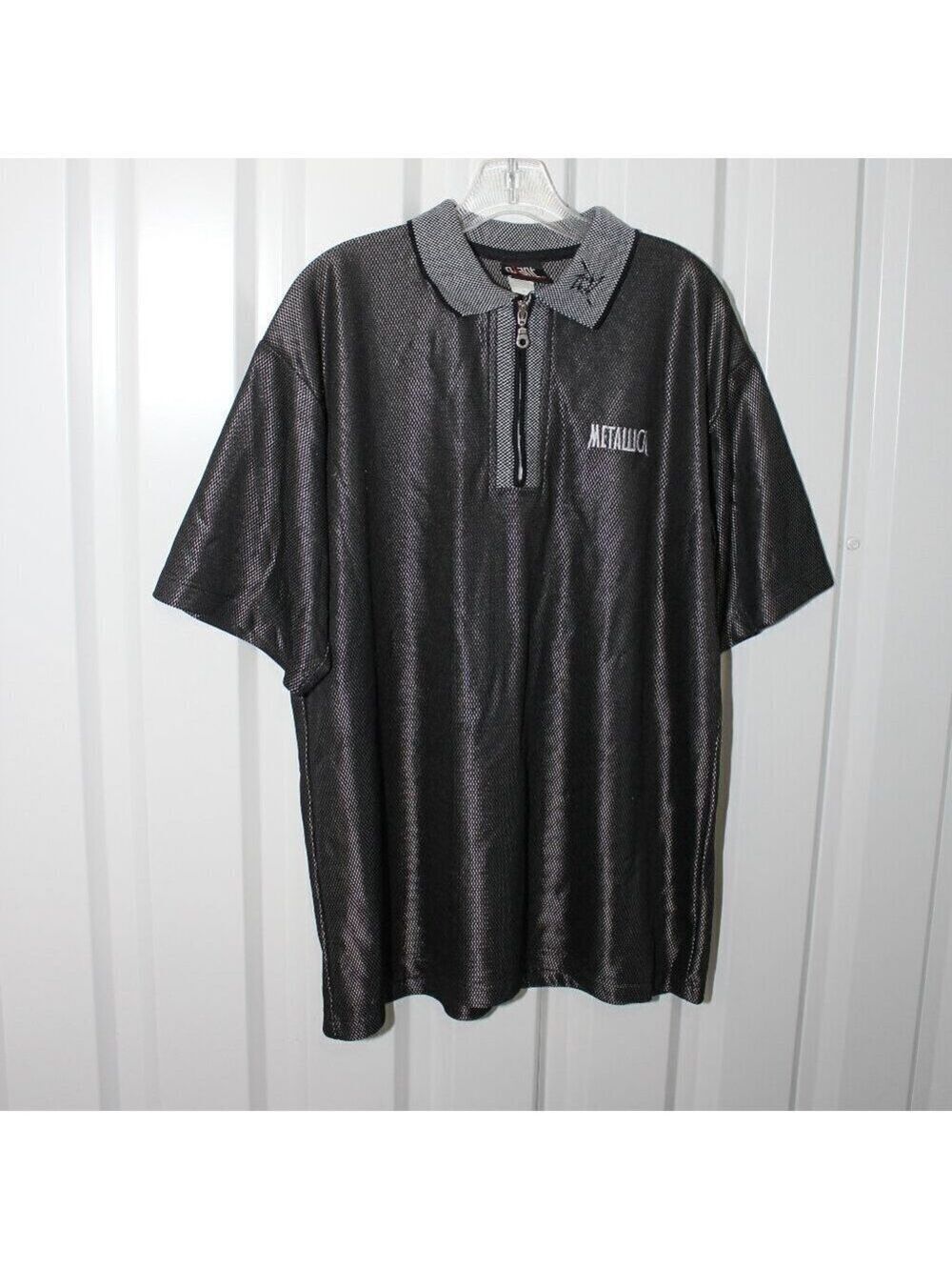Vintage 90s Mens Metallica Giant Zip Neck Polo Black Shiny Size XL Concert